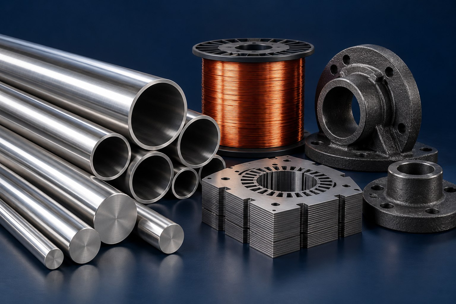 Illustrative collection of stainless steel pipes, round bars, stamping components, winding wire and cast iron components